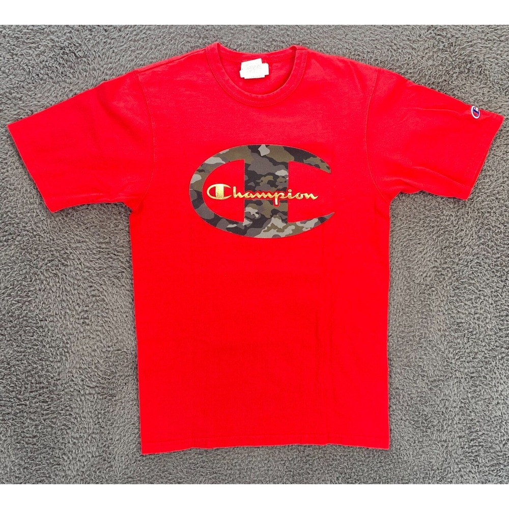 Vintage Champion Youth S Red T-Shirt Fuzzy Camo Logo Y2K Short Sleeve Tee
